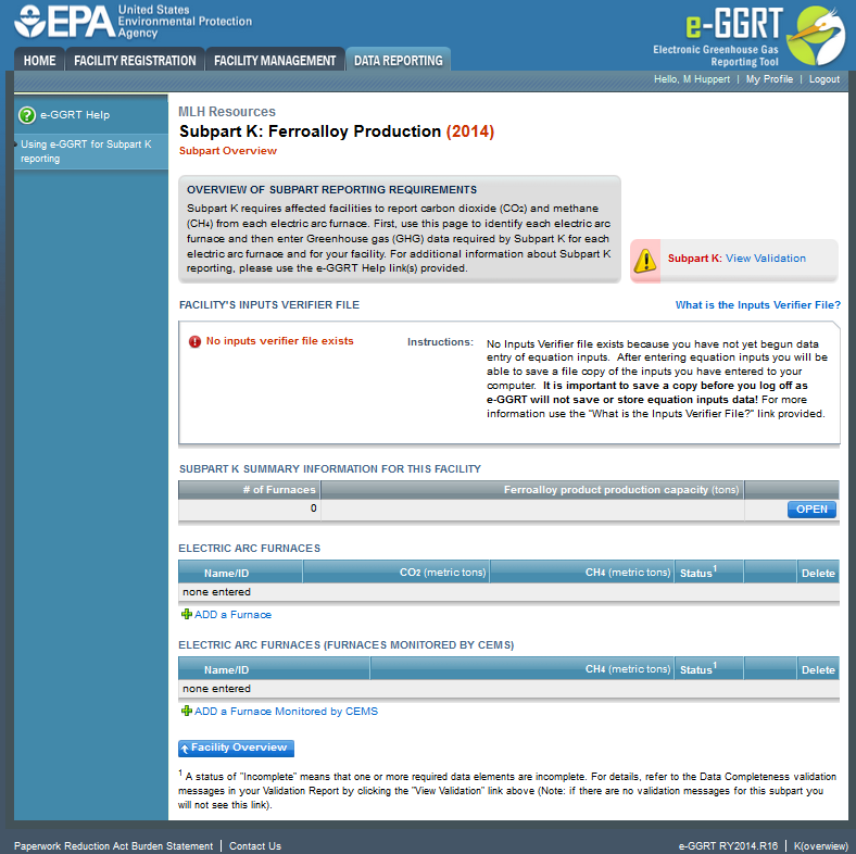 Image showing SUBPART K SUMMARY INFORMATION FOR THIS FACILITY table 
